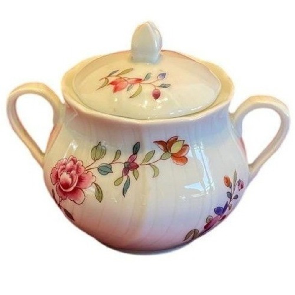 Bernardaud Limoges France Lowestoft Porcelain Lidded Sugar Bowl Floral White